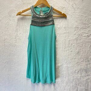 Venus Embellished Fancy Tank Top Women Medium Aqua Blue Flowy Halter Neck Party